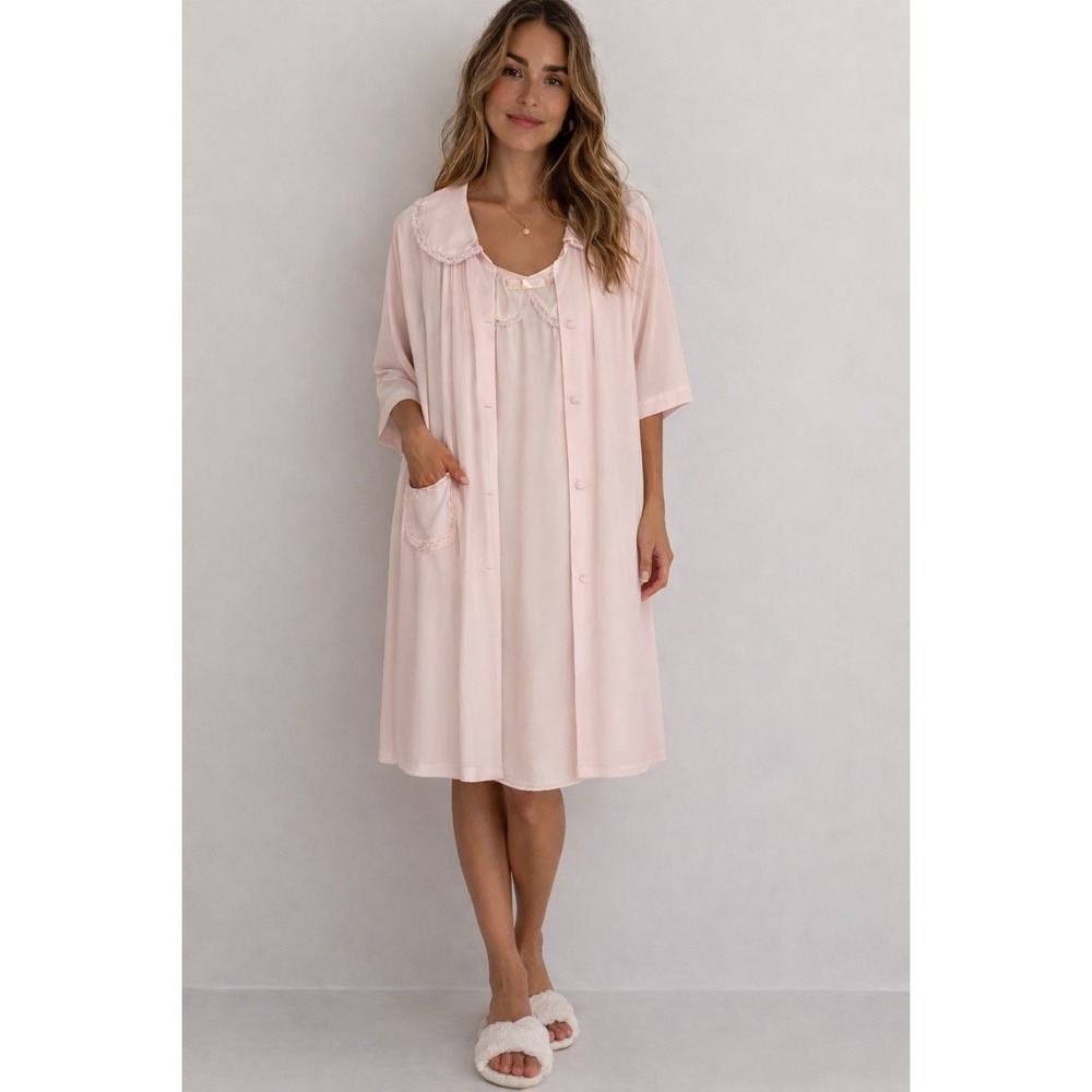 Vintage 60s Shadowline Slip Robe Set Nightgown S Blush Pink Lace Peter Pan Nylon